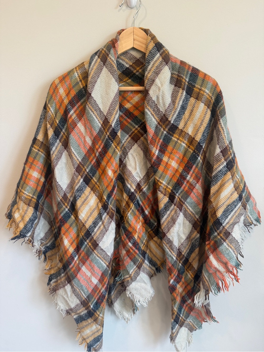 Cozy Plaid Fringe Throw in Orange, Brown & Cream